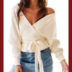 ZESICA WRAP RUFFLE BELTED WAIST KNITTED SWEATER PULLOVER size S.